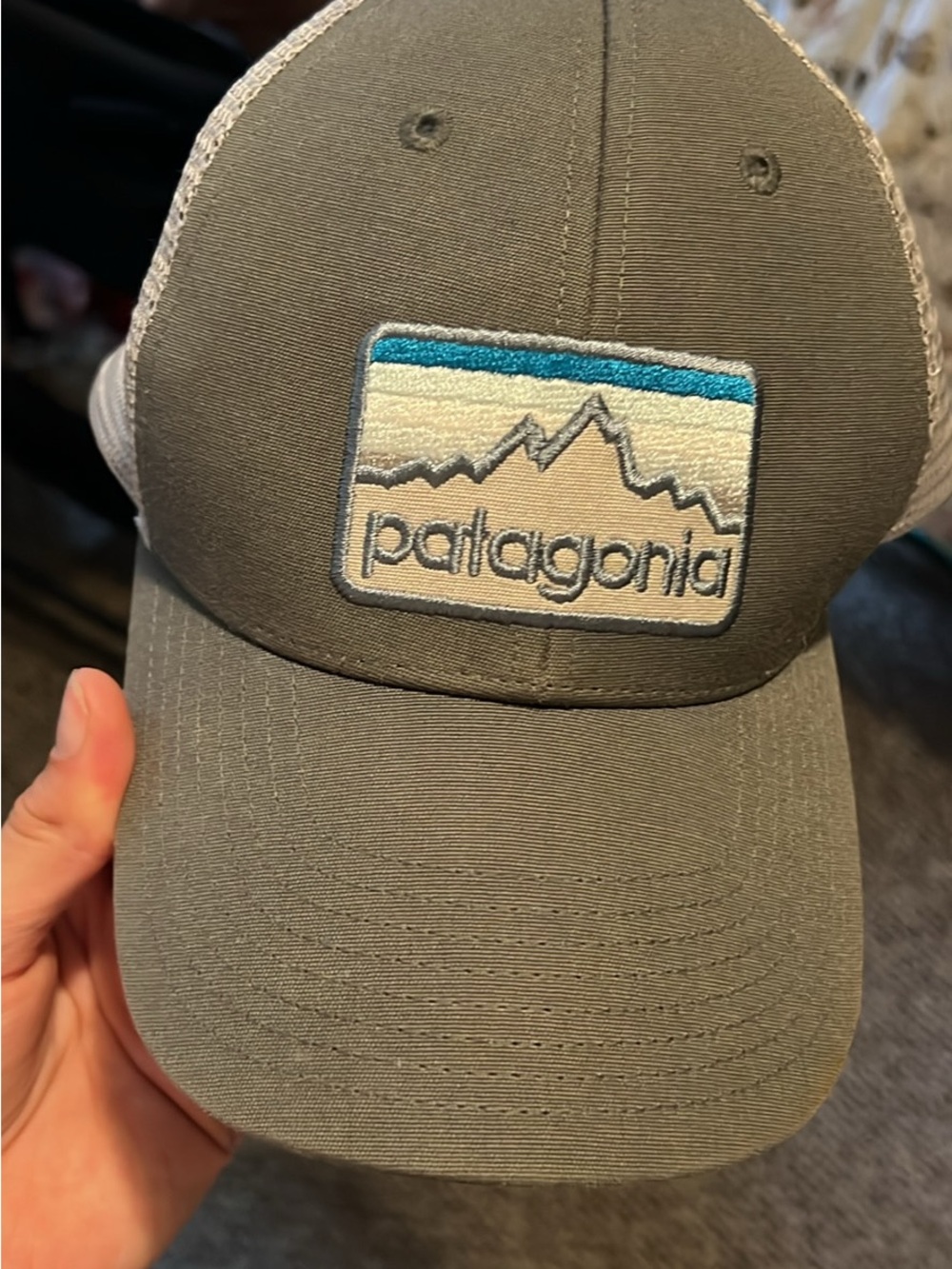 Patagonia Kids Olive Trucker Hat with Blue and Cream Patch
